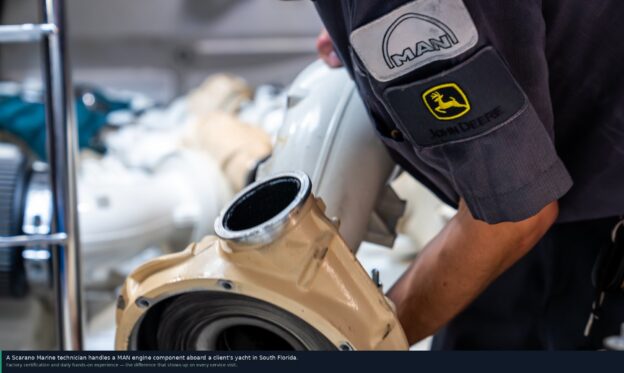 MAN dealer Miami Scarano Marine technician servicing yacht engine