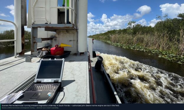 John Deere marine engine service Miami — Scarano Marine technician running onboard diagnostics in South Florida