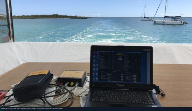 marine diesel service Caribbean — Scarano Marine running MAN factory diagnostics aboard a vessel in the Bahamas