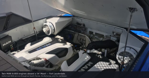 MAN i6-800 marine diesel engines aboard a 54 Maori — Scarano Marine authorized MAN service South Florida