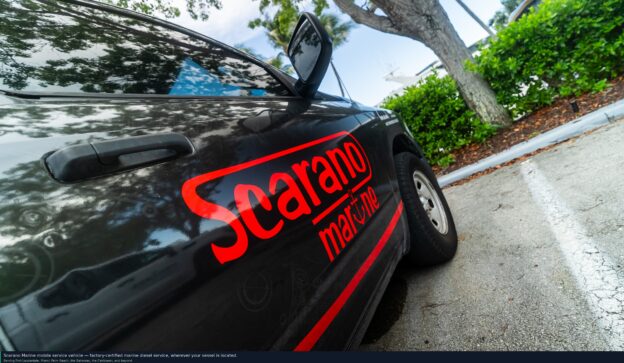 mobile marine diesel service South Florida — Scarano Marine service vehicle at a South Florida marina