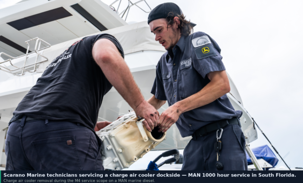 MAN 1000 hour service performed dockside in South Florida by Scarano Marine, authorized MAN dealer