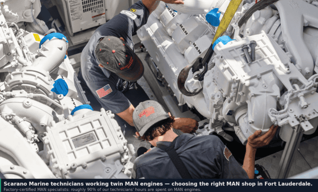 Scarano Marine technicians servicing twin MAN engines — choosing a MAN engine shop in Fort Lauderdale
