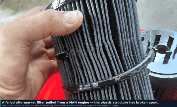 Failed aftermarket MAN oil and fuel filters pulled from a marine engine — Scarano Marine