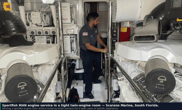 Sportfish MAN engine service by Scarano Marine in a tight twin-engine sportfish engine room, South Florida